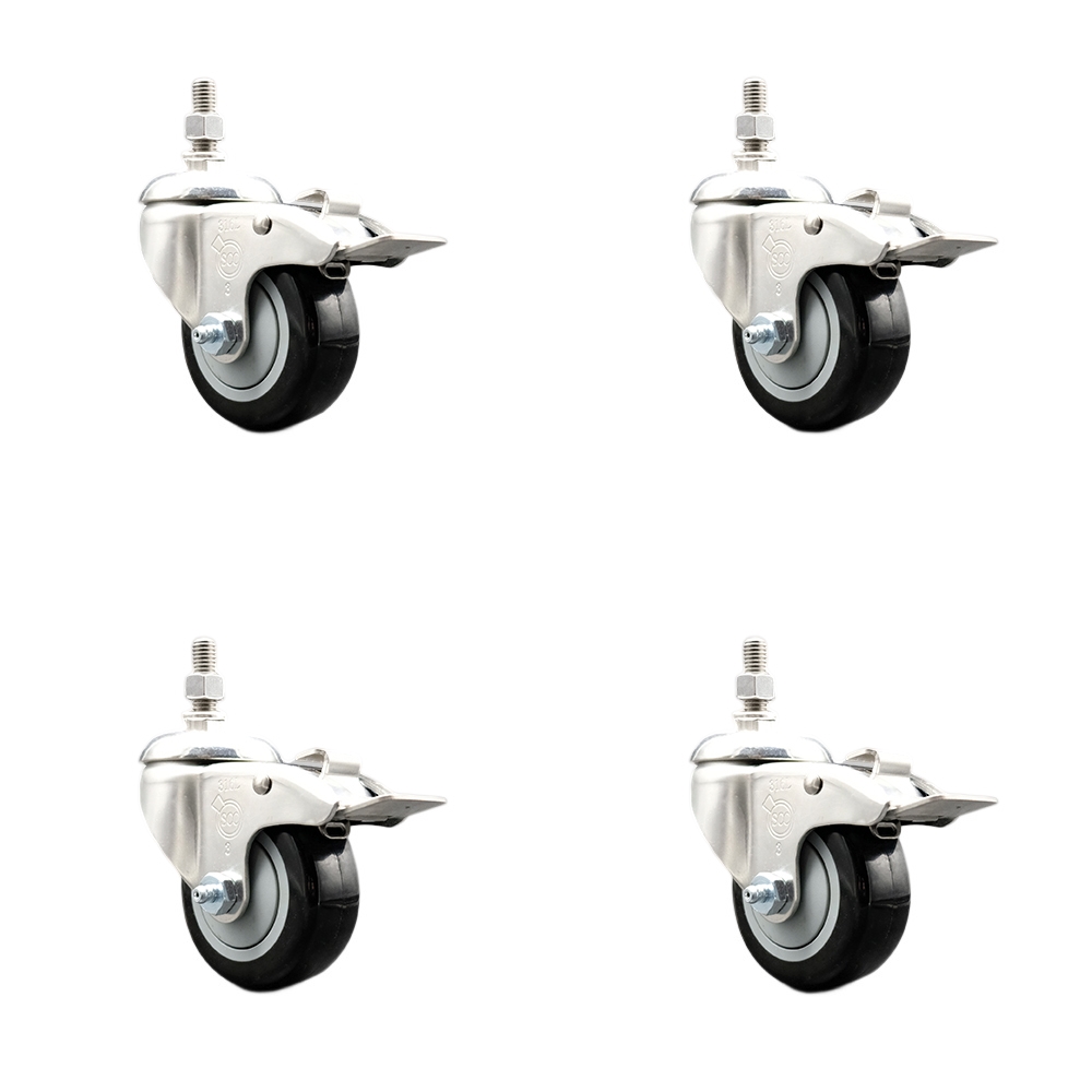 Polyurethane Swivel Stem Caster with 3 in. Black Caster Wheels, 0.5 in. Threaded Stems - 316 Stainless Steel Casters - Set of 4