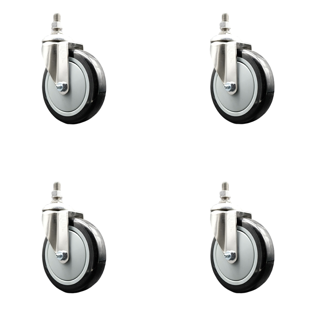 Polyurethane Swivel Stem Caster with 5 in. Black Caster Wheels, 0.5 in. Threaded Stems - 316 Stainless Steel Casters - Set of 4