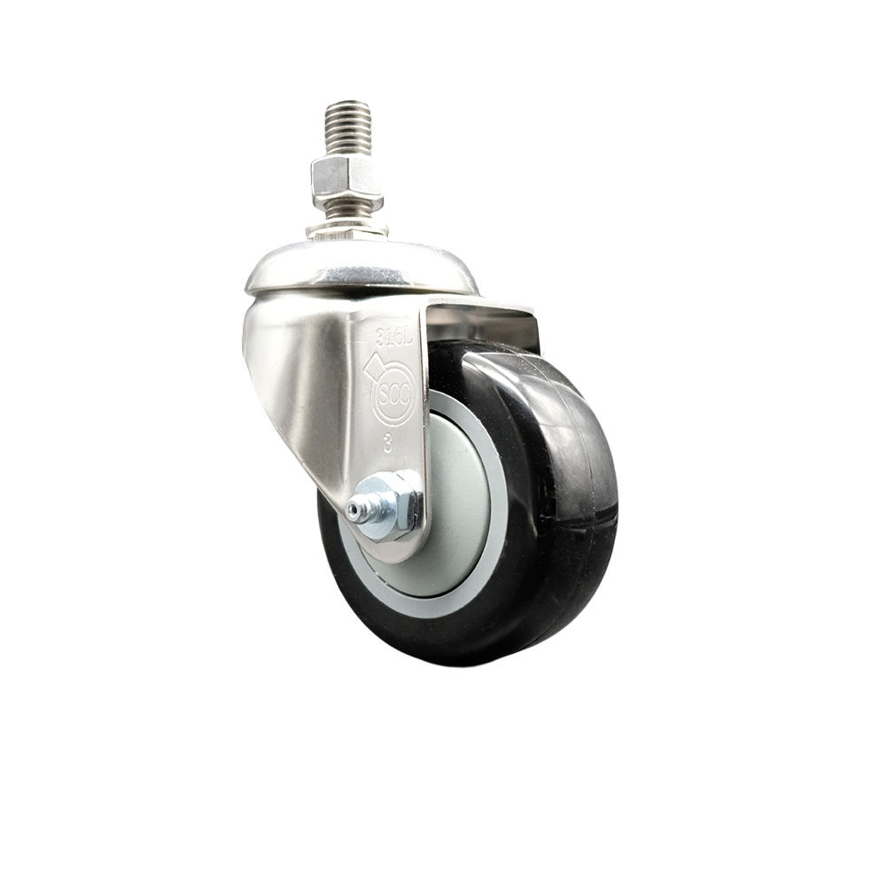 Polyurethane Swivel Stem Caster with 3 in. Black Caster Wheels, 0.38 in. Threaded Stem - 316 Stainless Steel Caster