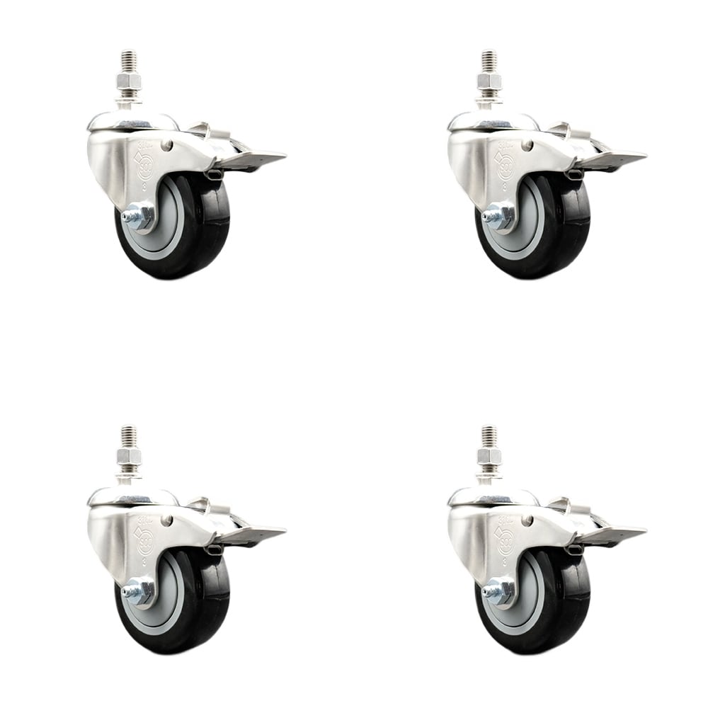 Polyurethane Swivel Stem Caster with 3 in. Black Caster Wheels, 12 mm Threaded Stems - 316 Stainless Steel Casters - Set of 4