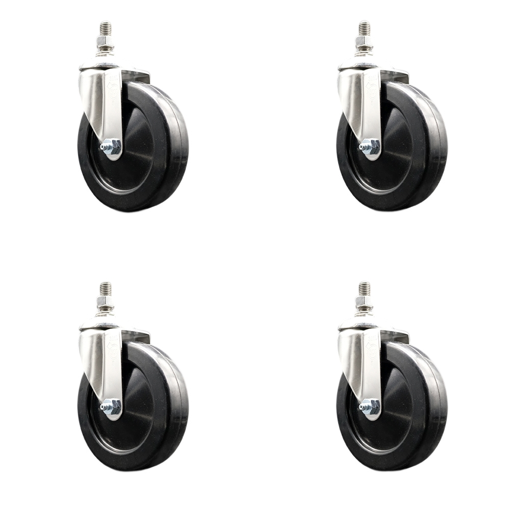 Hard Rubber Swivel Stem Caster with 5 in. Caster Wheels, 0.38 in. Threaded Stems - 316 Stainless Steel Casters - Set of 4