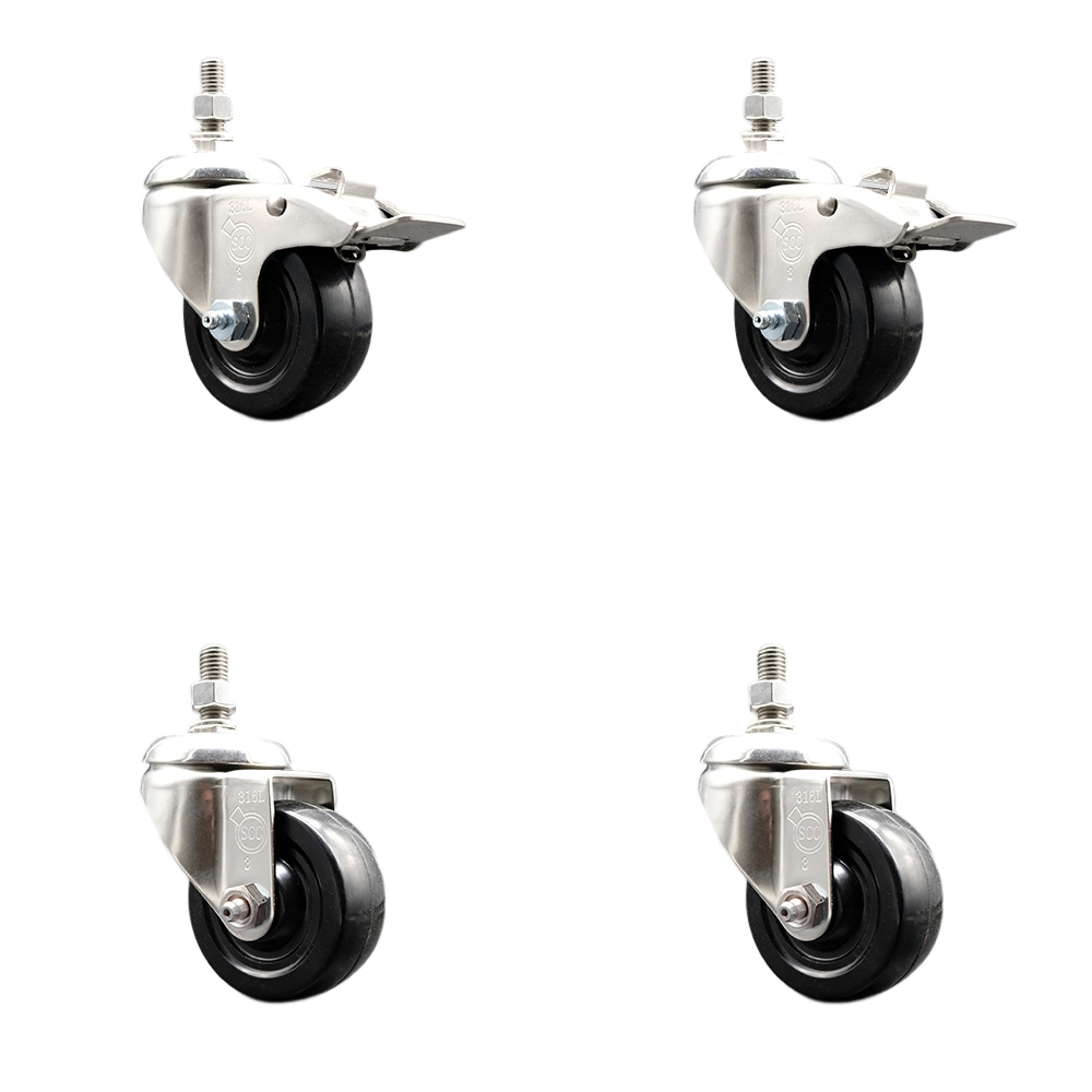 Hard Rubber Swivel Stem Caster with 3.5 in. Caster Wheels, 10 mm Threaded Stems - 316 Stainless Steel Casters - Set of 4