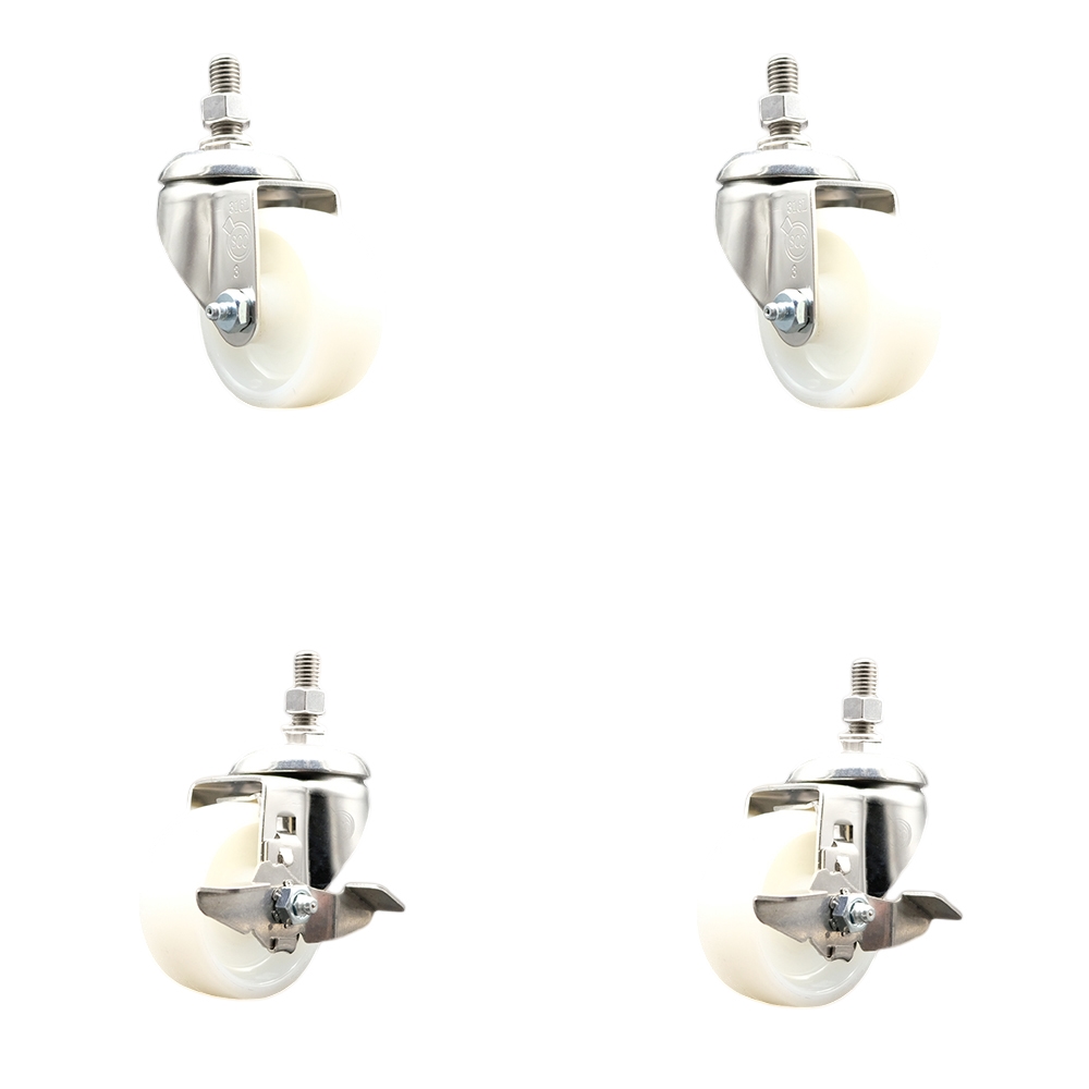 Nylon Swivel Stem Caster with 3 in. Caster Wheels, 0.5 in. Threaded Stems - 316 Stainless Steel Casters - Set of 4