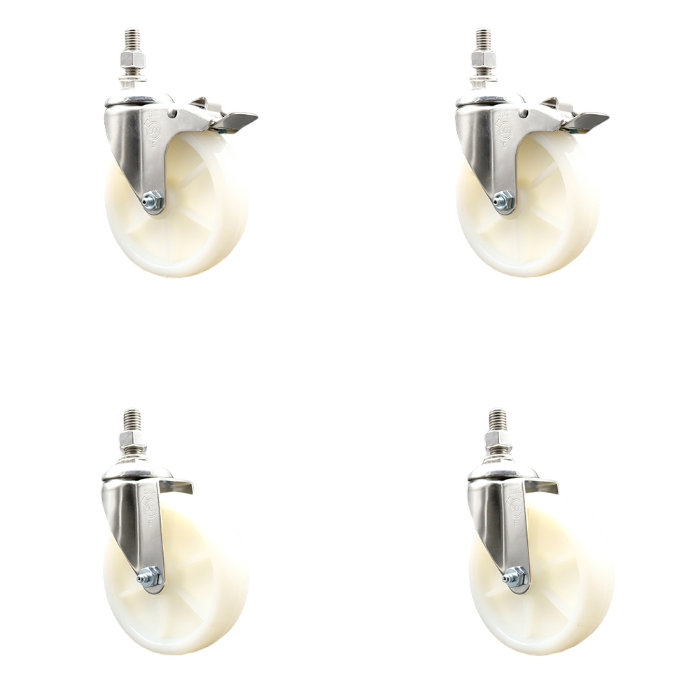 Nylon Swivel Stem Caster with 5 in. Caster Wheels, 0.5 in. Threaded Stems - 316 Stainless Steel Casters - Set of 4