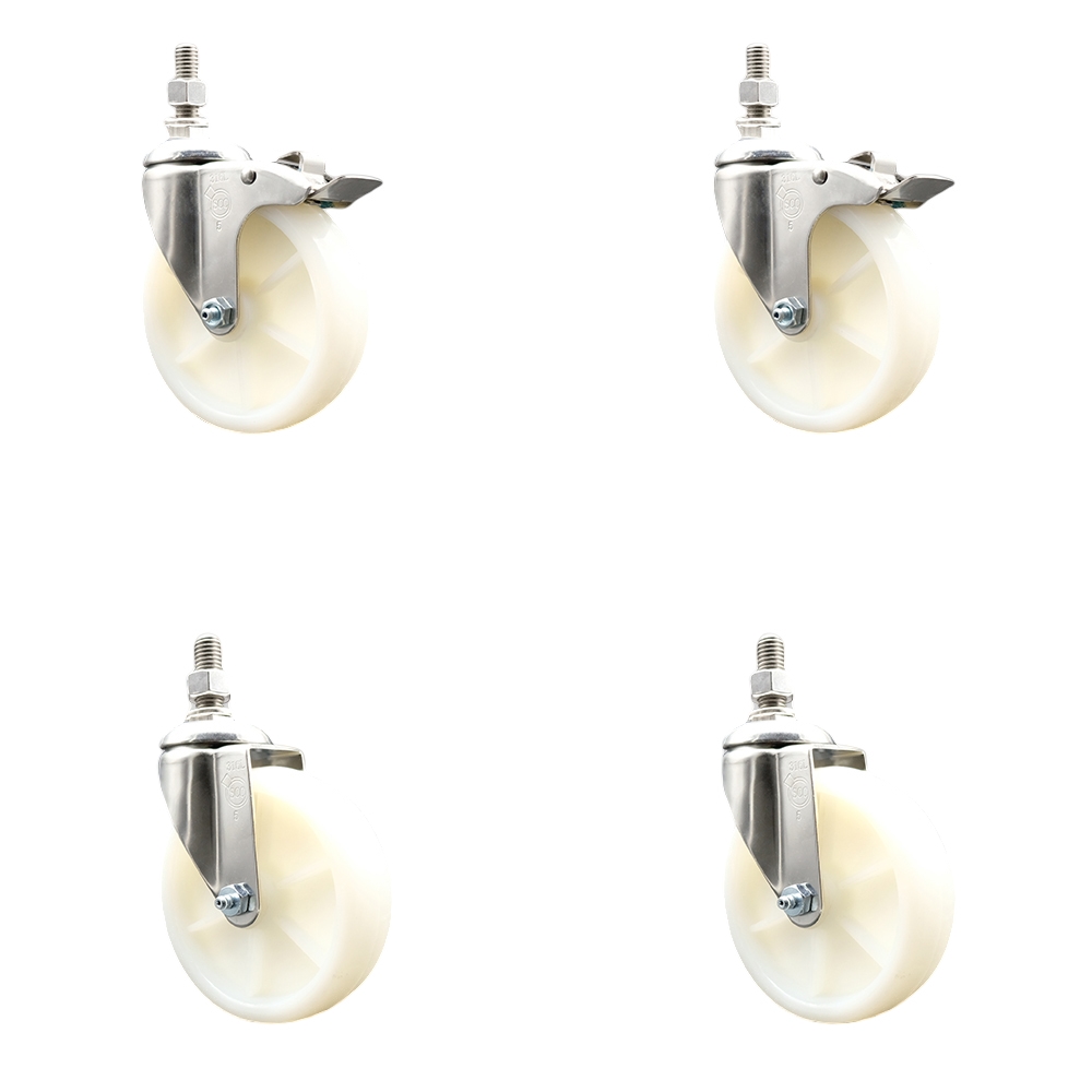 Nylon Swivel Stem Caster with 5 in. Caster Wheels, 10 mm Threaded Stems - 316 Stainless Steel Casters - Set of 4