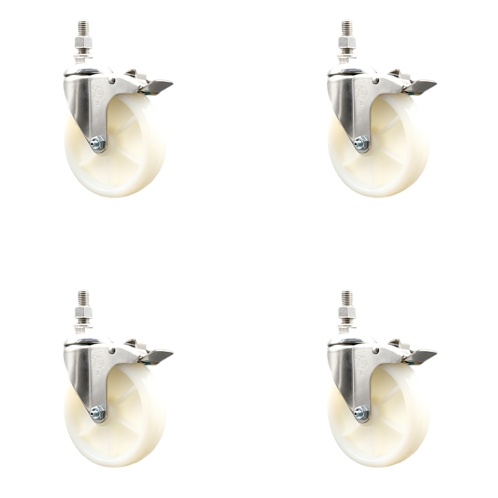 SCC-SS316TSTTL20S514-NYS-M1215-4 Nylon Swivel Stem Caster with 5 in. Caster Wheels, 12 mm Threaded Stems - 316 Stainless Steel Casters - Set of 4