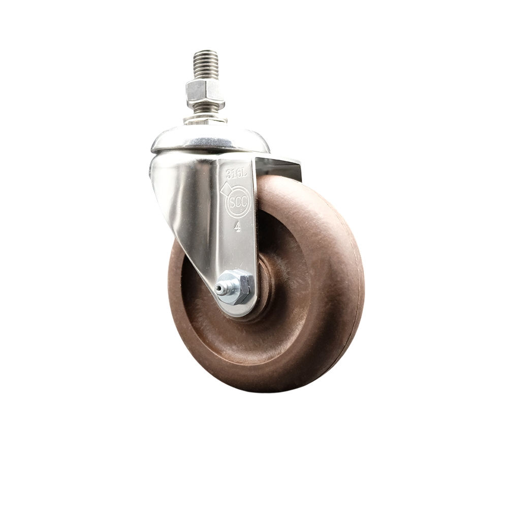 High Temperature Glass Filled Nylon Swivel Stem Caster with 4 in. Brown Caster Wheel, 0.5 in. Threaded Stem - 316 Stainless Steel Caster