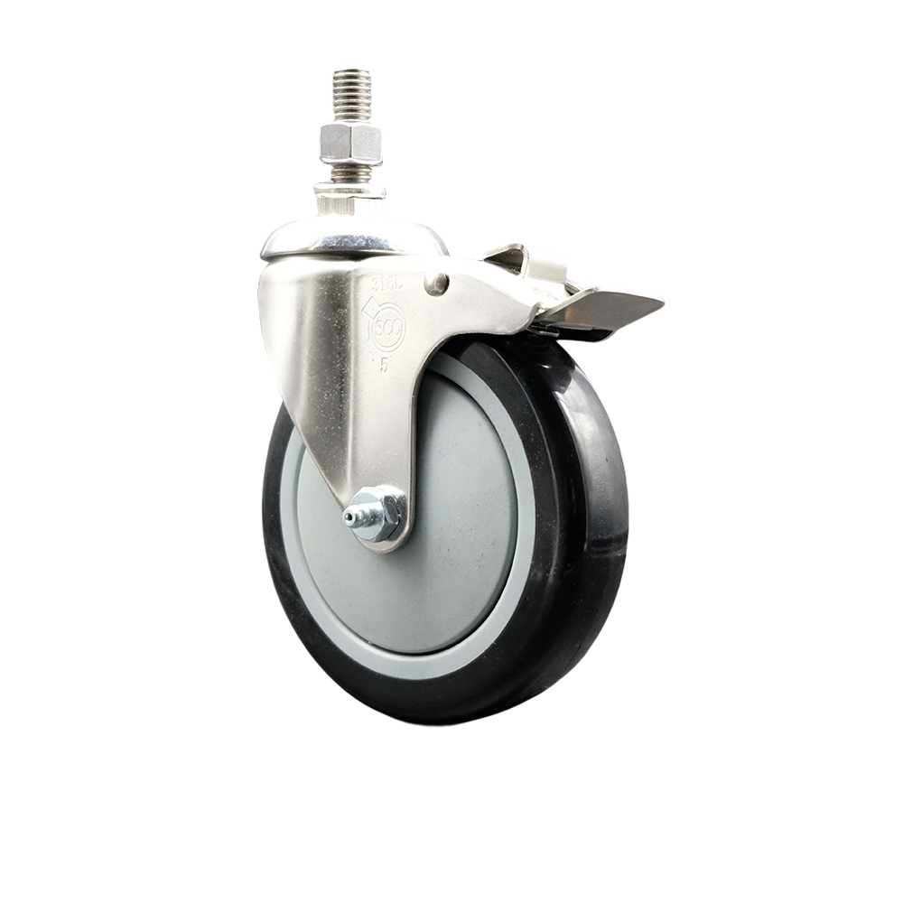 Polyurethane Swivel Stem Caster with 5 in. Black Caster Wheels & Total Lock Brake, 0.5 in. Threaded Stem - 316 Stainless Steel Caster