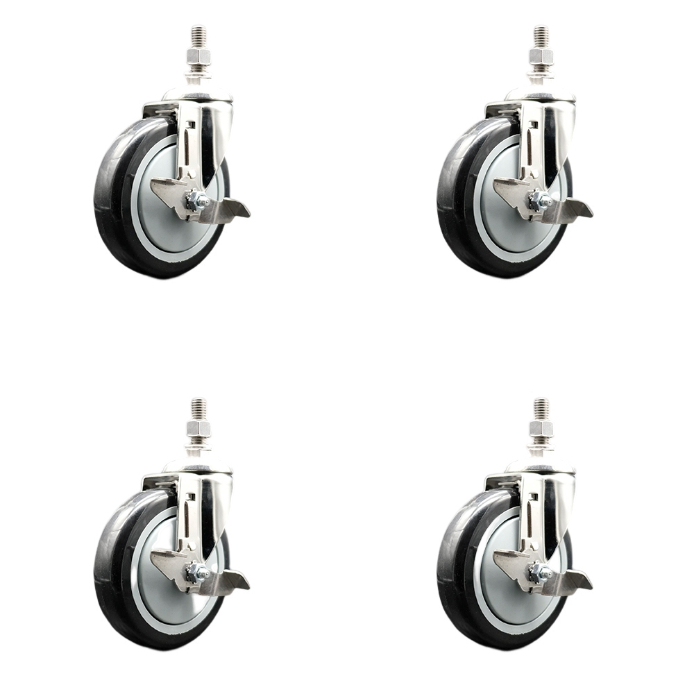 Polyurethane Swivel Stem Caster with 5 in. Black Caster Wheels, 0.5 in. Threaded Stems - 316 Stainless Steel Casters - Set of 4