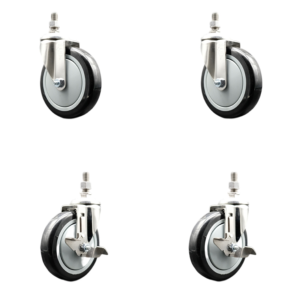 Poly Swivel Stem Caster with 5 in. Black Caster Wheels, 0.5 in. Threaded Stems - 316 Stainless Steel Casters - Set of 4