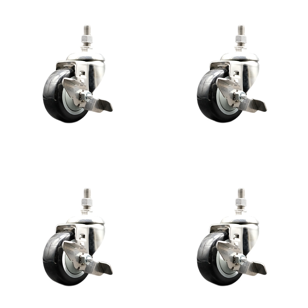 Polyurethane Swivel Stem Caster with 3.5 in. Black Caster Wheels, 0.38 in. Threaded Stems - 316 Stainless Steel Casters - Set of 4