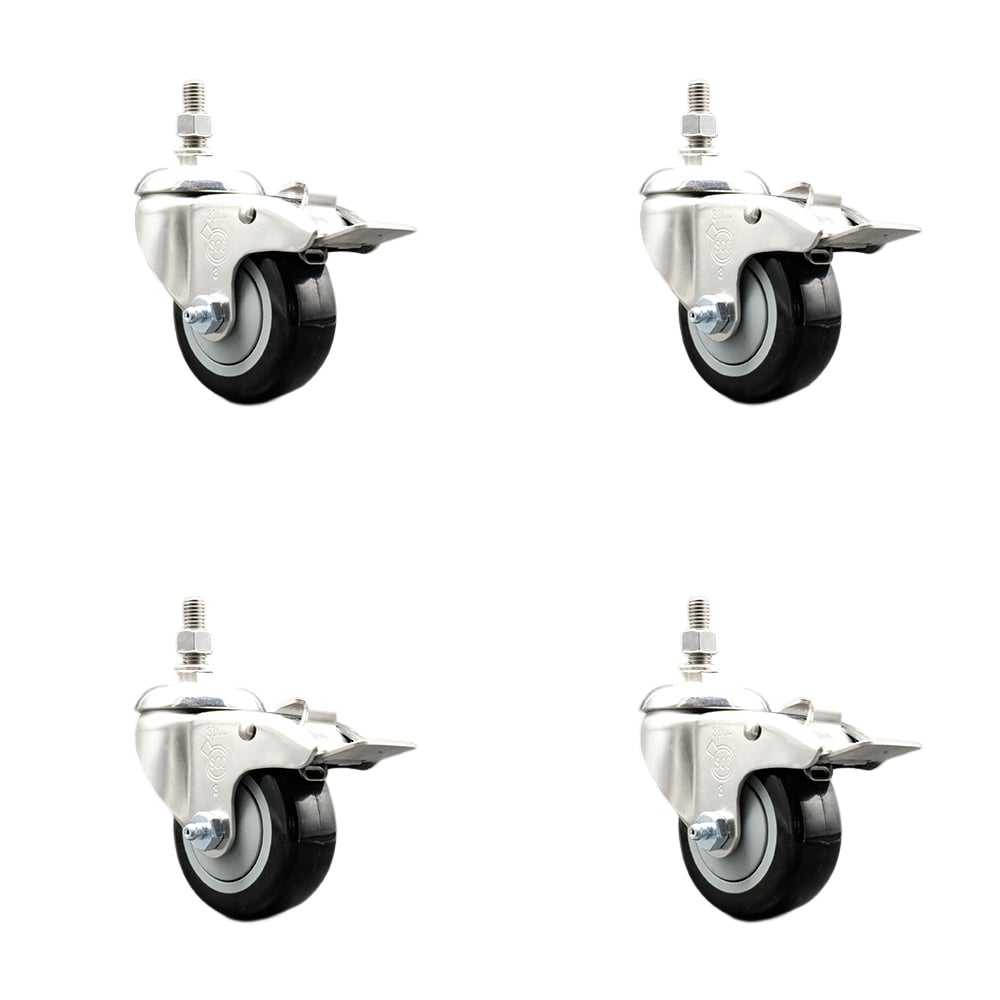 Polyurethane Swivel Stem Caster with 3 in. Black Caster Wheels, 10 mm Threaded Stems - 316 Stainless Steel Casters - Set of 4
