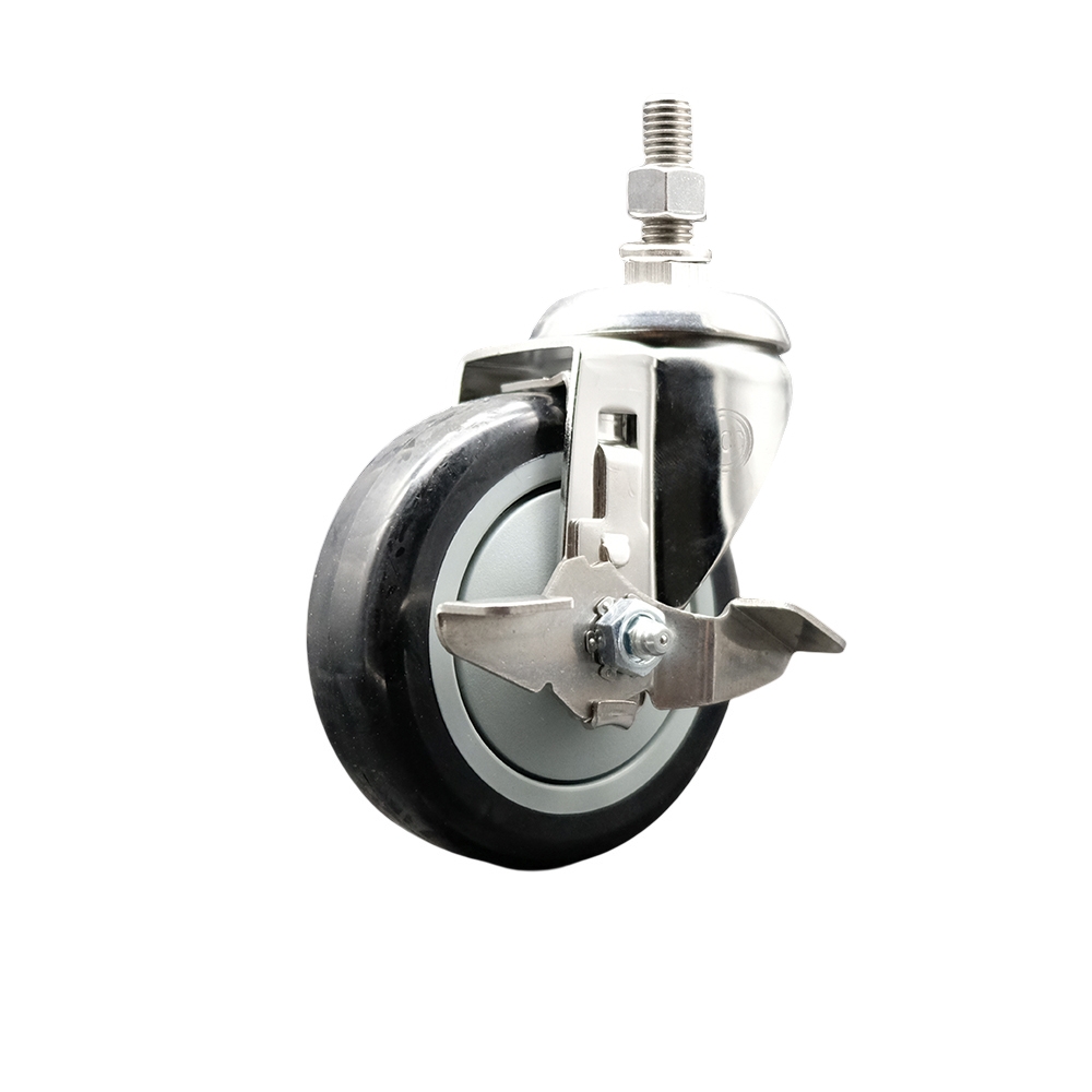 Polyurethane Swivel Stem Caster with 4 in. Black Caster Wheels & Top Lock Brake, 10 mm Threaded Stem - 316 Stainless Steel Caster