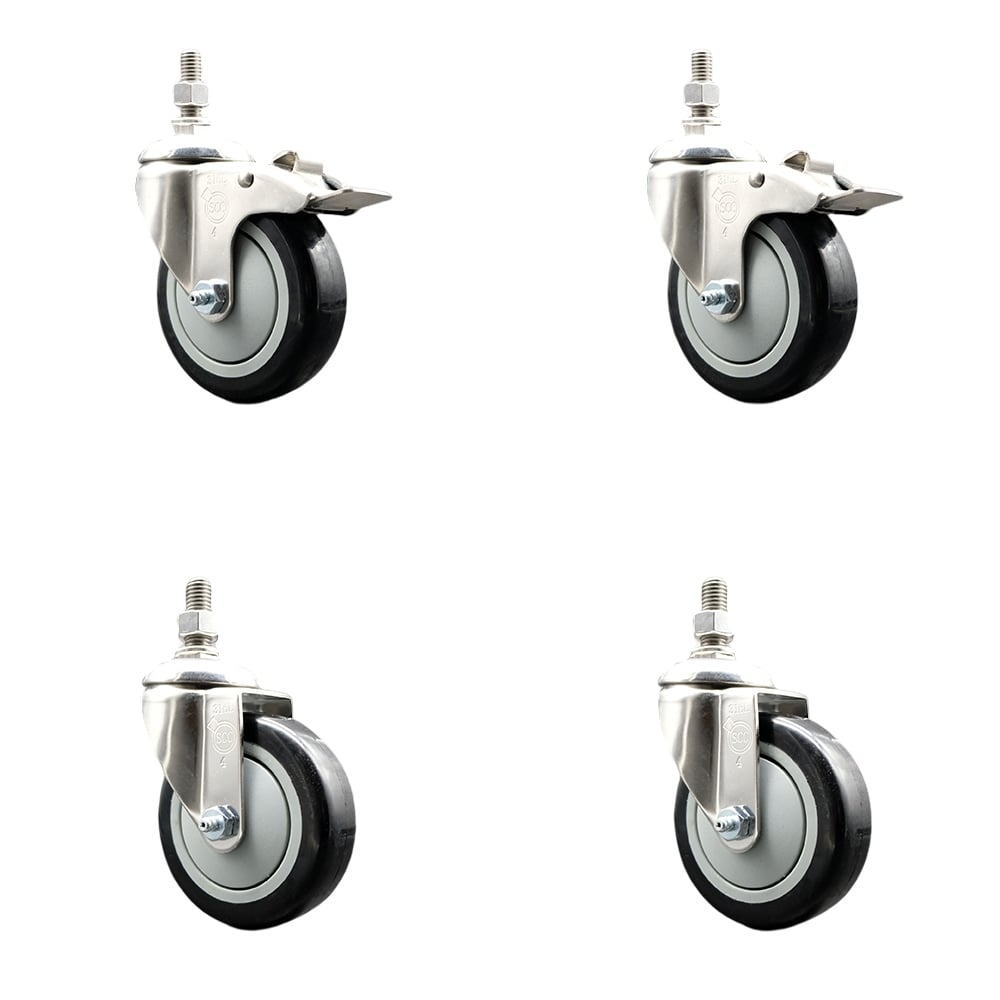 Poly Swivel Stem Caster with 4 in. Black Caster Wheels, 10 mm Threaded Stems - 316 Stainless Steel Casters - Set of 4