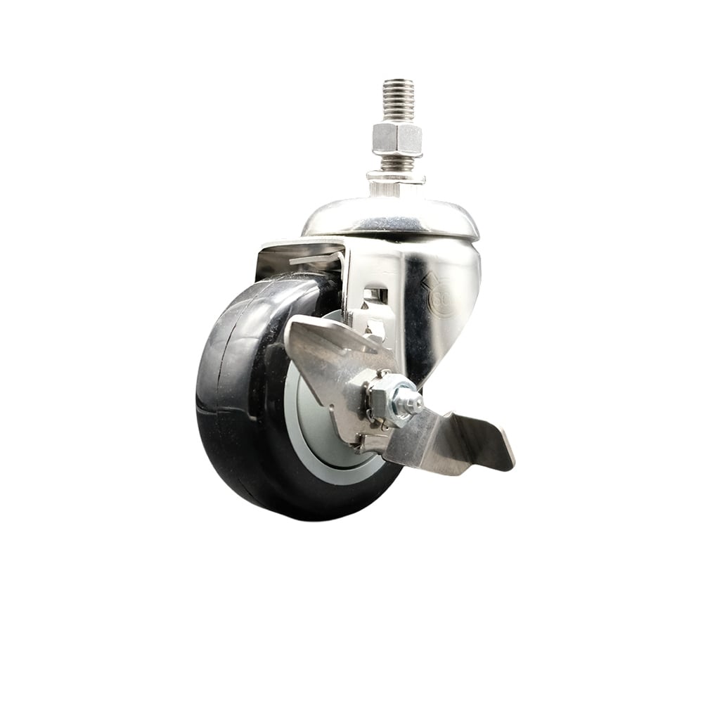 Polyurethane Swivel Stem Caster with 3.5 in. Black Caster Wheels & Top Lock Brake, 12 mm Threaded Stem - 316 Stainless Steel Caster