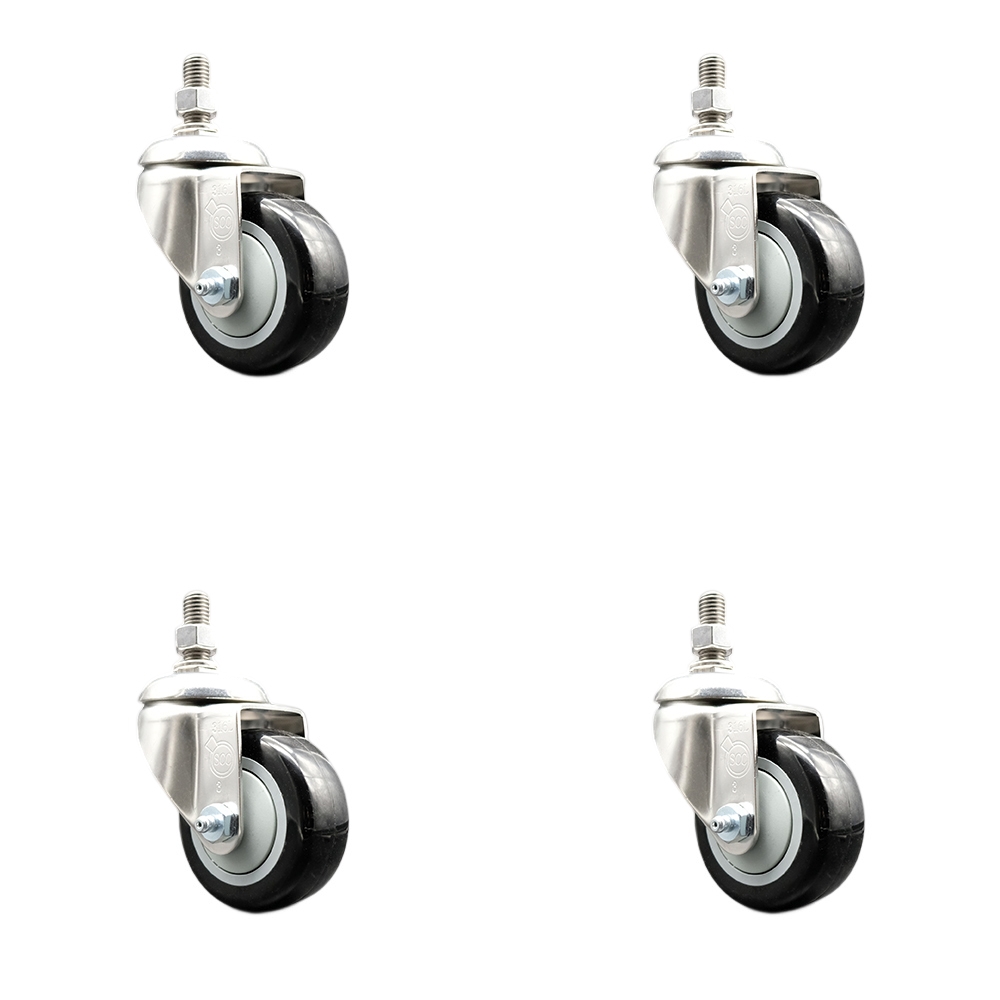 Polyurethane Swivel Stem Caster with 3.5 in. Black Caster Wheels, 12 mm Threaded Stems - 316 Stainless Steel Casters - Set of 4