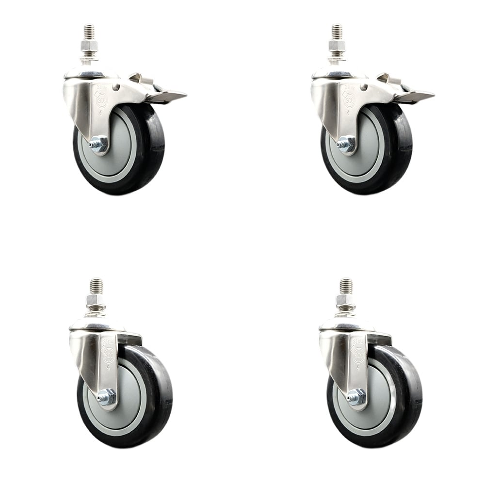 Poly Swivel Stem Caster with 4 in. Black Caster Wheels, 12 mm Threaded Stems - 316 Stainless Steel Casters - Set of 4