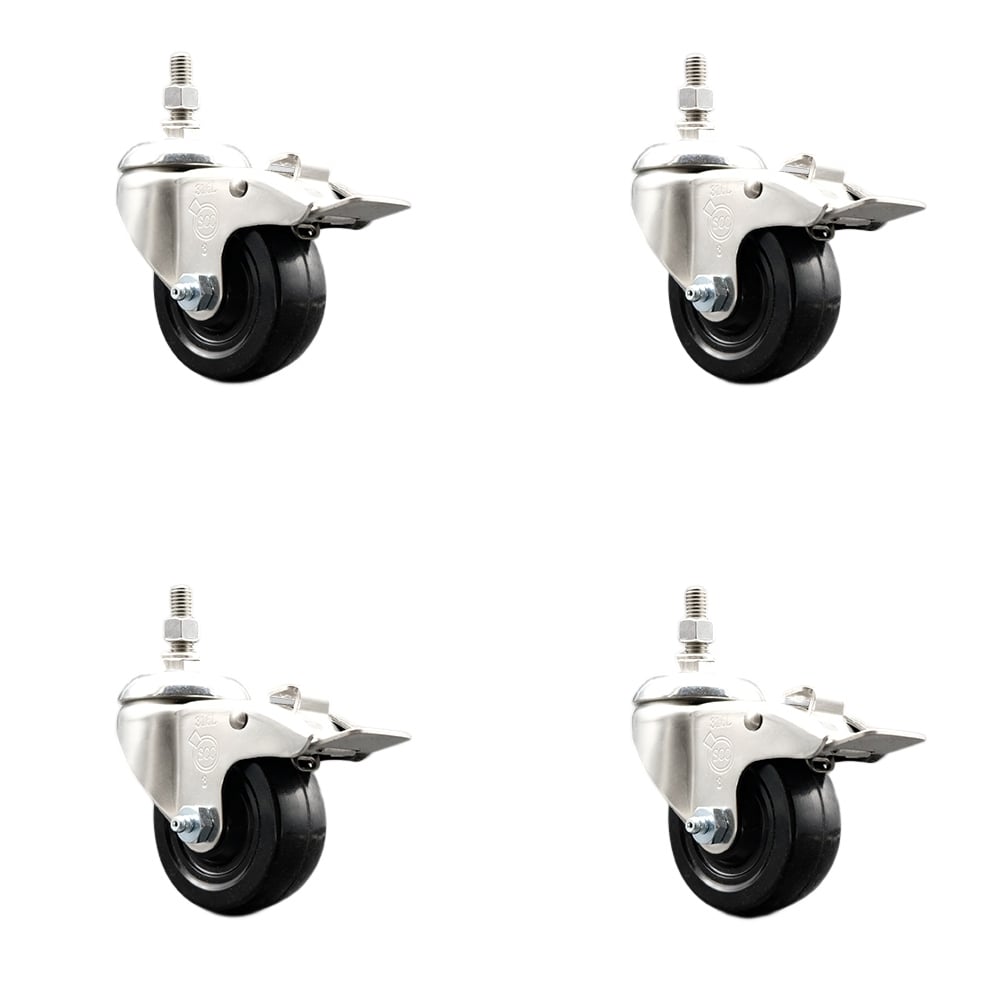 Hard Rubber Swivel Stem Caster with 3 in. Caster Wheels, 0.5 in. Threaded Stems - 316 Stainless Steel Casters - Set of 4