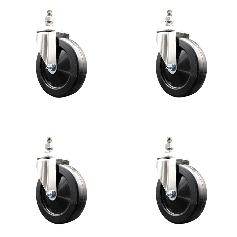 Hard Rubber Swivel Stem Caster with 5 in. Caster Wheels, 0.5 in. Threaded Stems - 316 Stainless Steel Casters - Set of 4