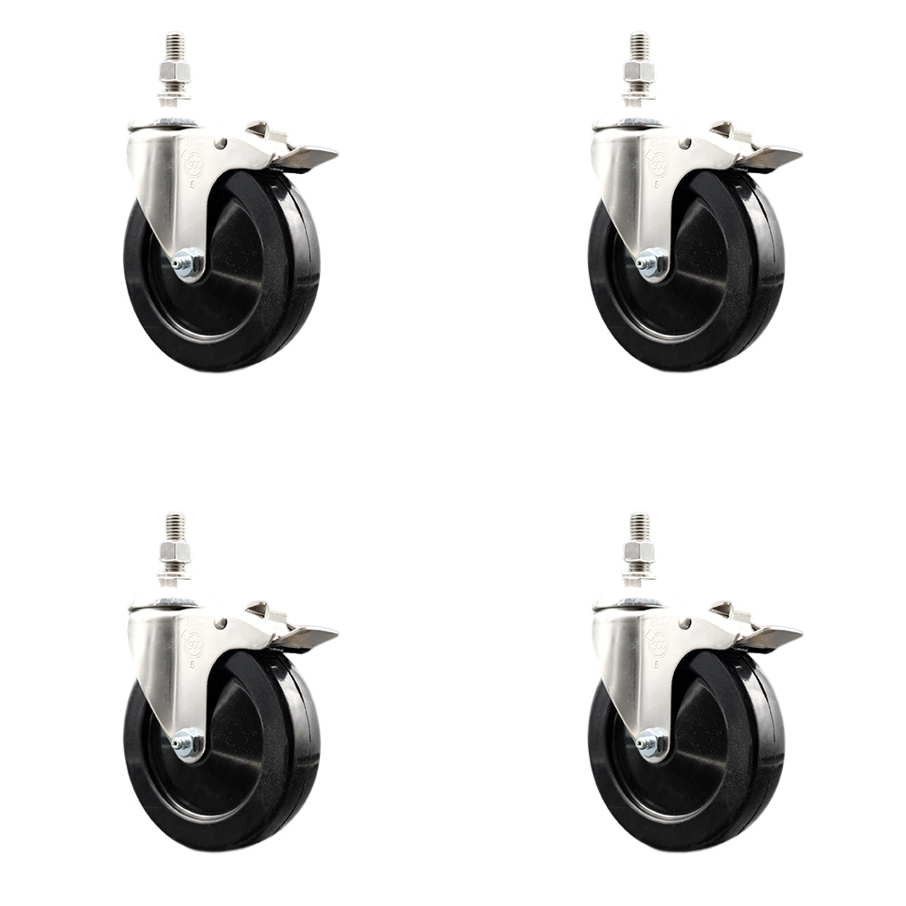 Hard Rubber Swivel Stem Caster with 5 in. Caster Wheels, 0.5 in. Threaded Stems - 316 Stainless Steel Casters - Set of 4