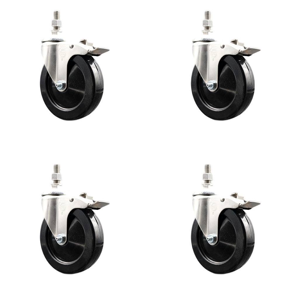 Hard Rubber Swivel Stem Caster with 5 in. Caster Wheels, 0.38 in. Threaded Stems - 316 Stainless Steel Casters - Set of 4