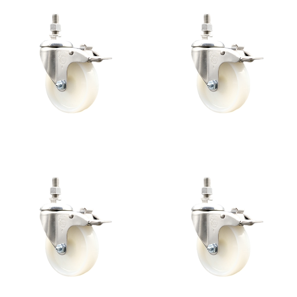 Nylon Swivel Stem Caster with 4 in. Caster Wheels, 0.5 in. Threaded Stems - 316 Stainless Steel Casters - Set of 4