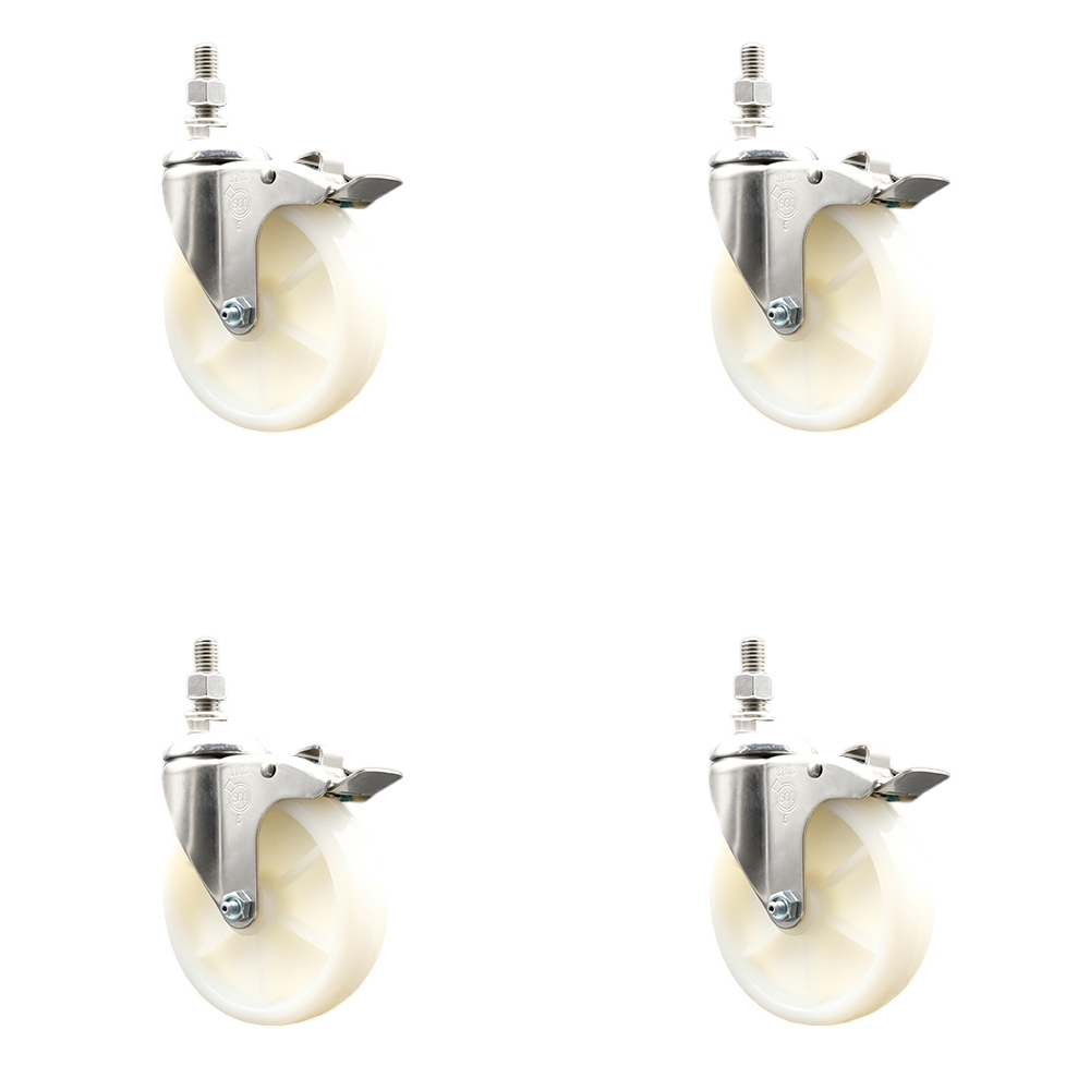 Nylon Swivel Stem Caster with 5 in. Caster Wheels, 0.5 in. Threaded Stems - 316 Stainless Steel Casters - Set of 4
