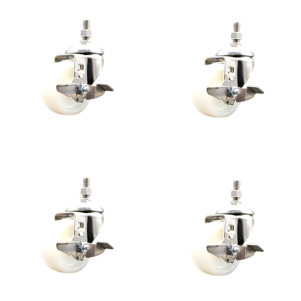 Nylon Swivel Stem Caster with 3 in. Caster Wheels, 0.38 in. Threaded Stems - 316 Stainless Steel Casters - Set of 4