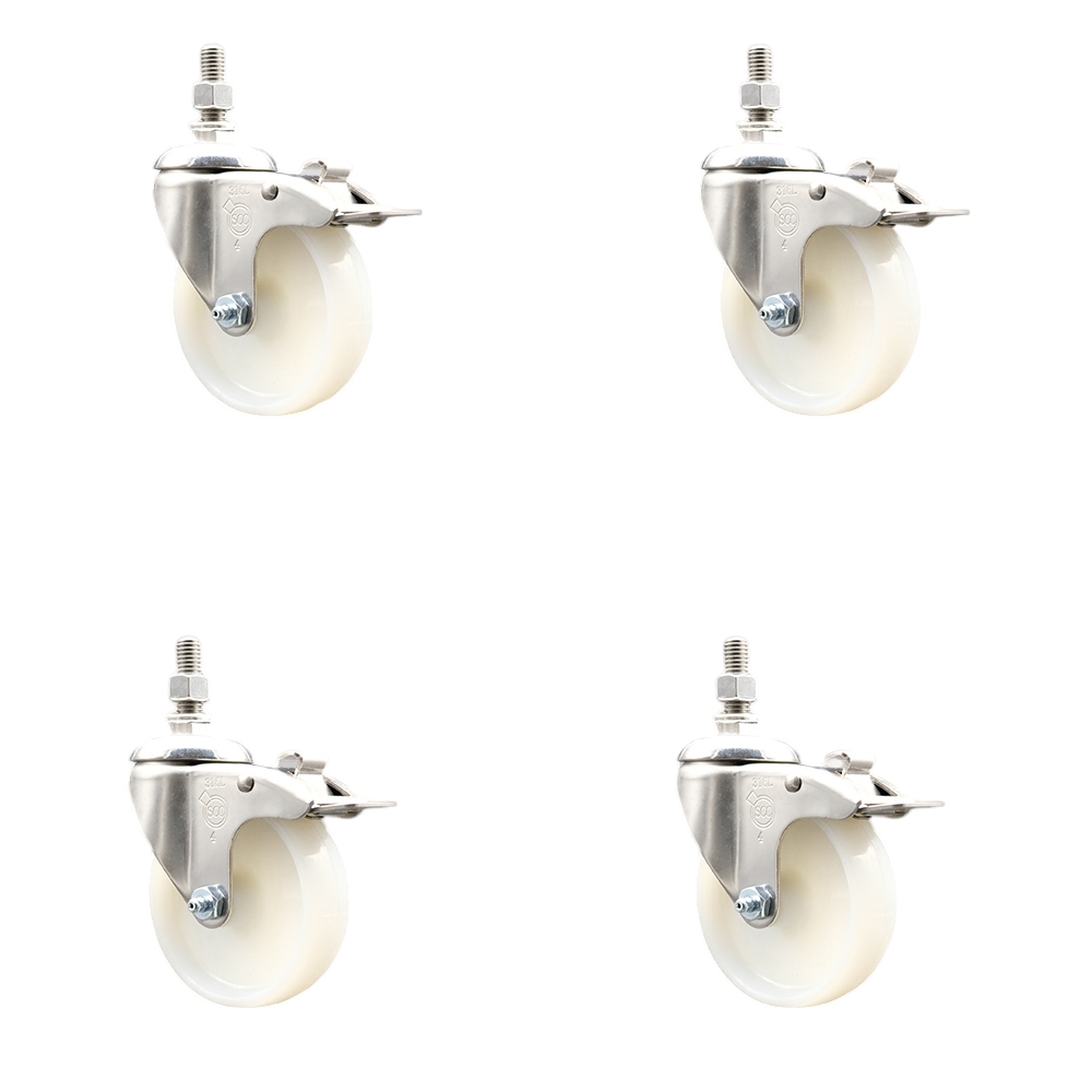 Nylon Swivel Stem Caster with 4 in. Caster Wheels, 0.38 in. Threaded Stems - 316 Stainless Steel Casters - Set of 4