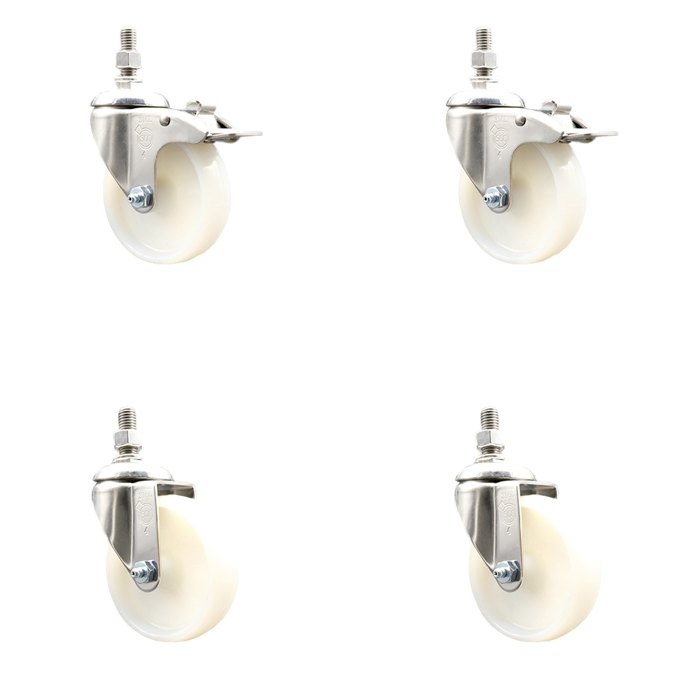 Nylon Swivel Stem Caster with 4 in. Caster Wheels, 10 mm Threaded Stems - 316 Stainless Steel Casters - Set of 4