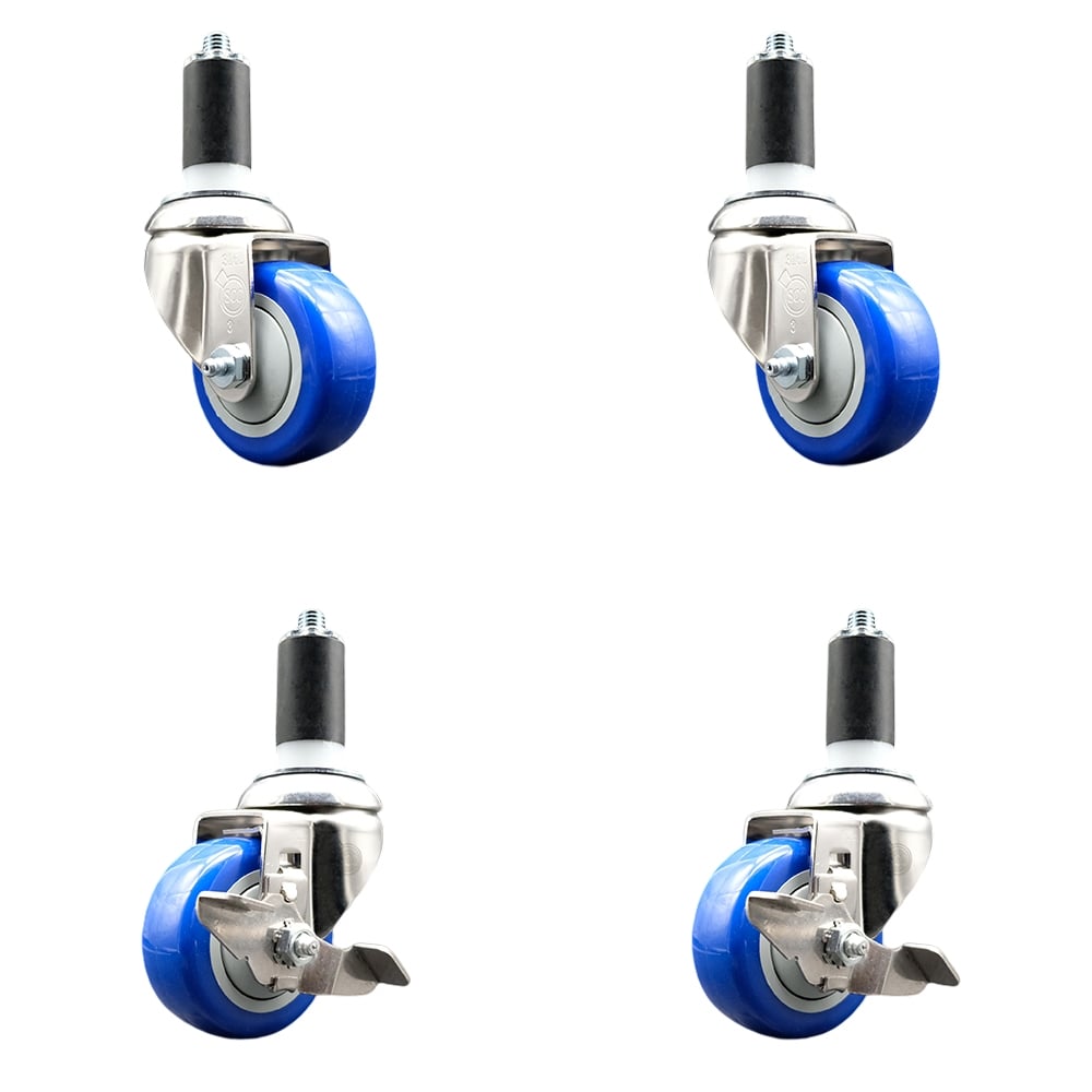 Polyurethane Swivel Stem Caster with 3 in. Blue Caster Wheels, 1.25 in. Expanding Stems - 316 Stainless Steel Casters - Set of 4