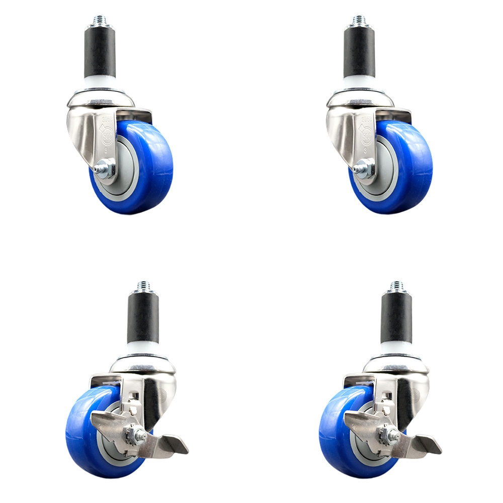 Polyurethane Swivel Stem Caster with 3.5 in. Blue Caster Wheels, 1.25 in. Expanding Stems - 316 Stainless Steel Casters - Set of 4