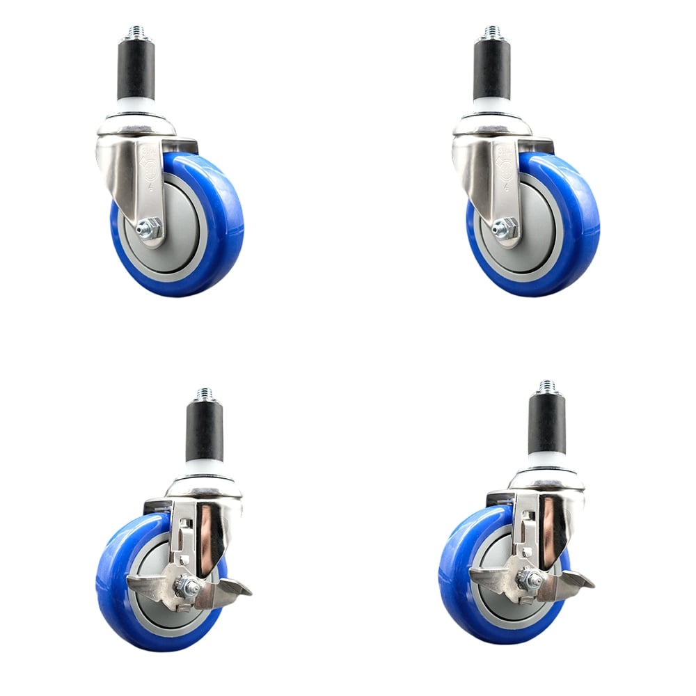 Polyurethane Swivel Stem Caster with 4 in. Blue Caster Wheels, 1.25 in. Expanding Stems - 316 Stainless Steel Casters - Set of 4