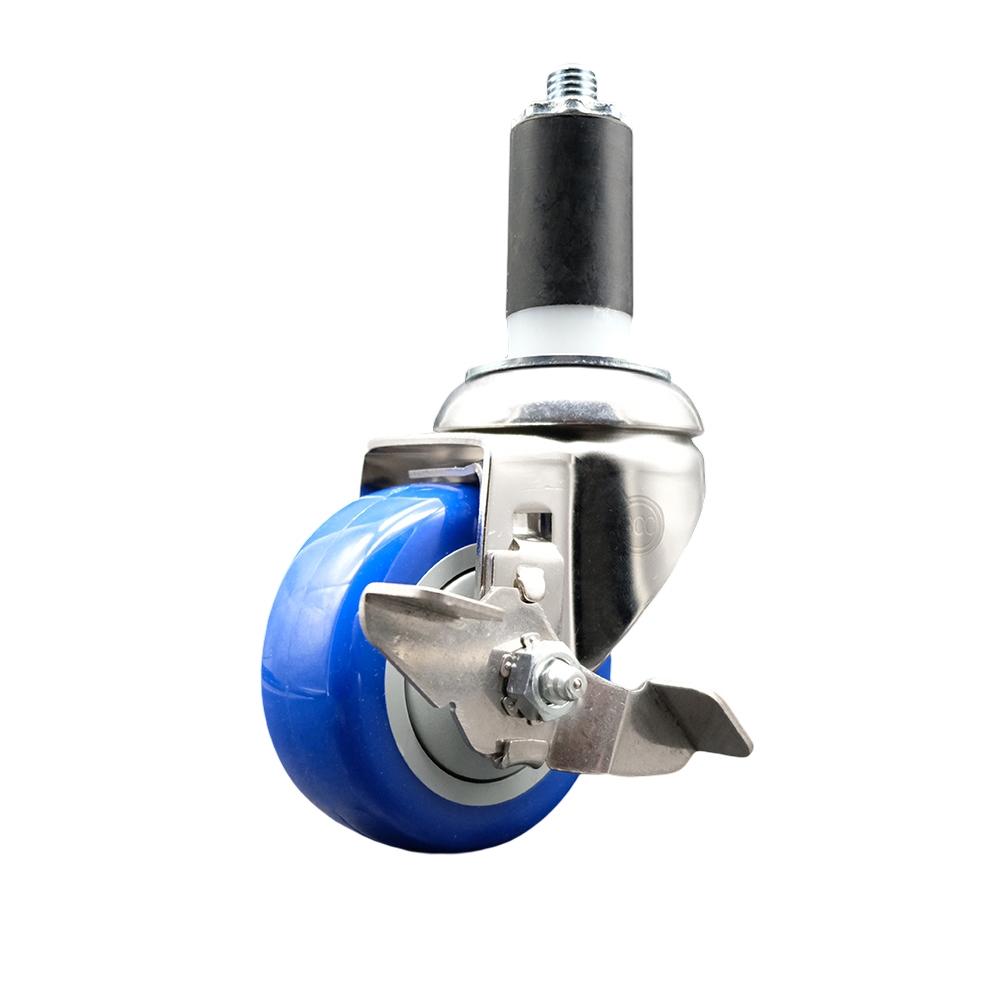 Polyurethane Swivel Stem Caster with 3 in. Blue Caster Wheels & Top Lock Brake, 1.38 in. Expanding Stem - 316 Stainless Steel Caster