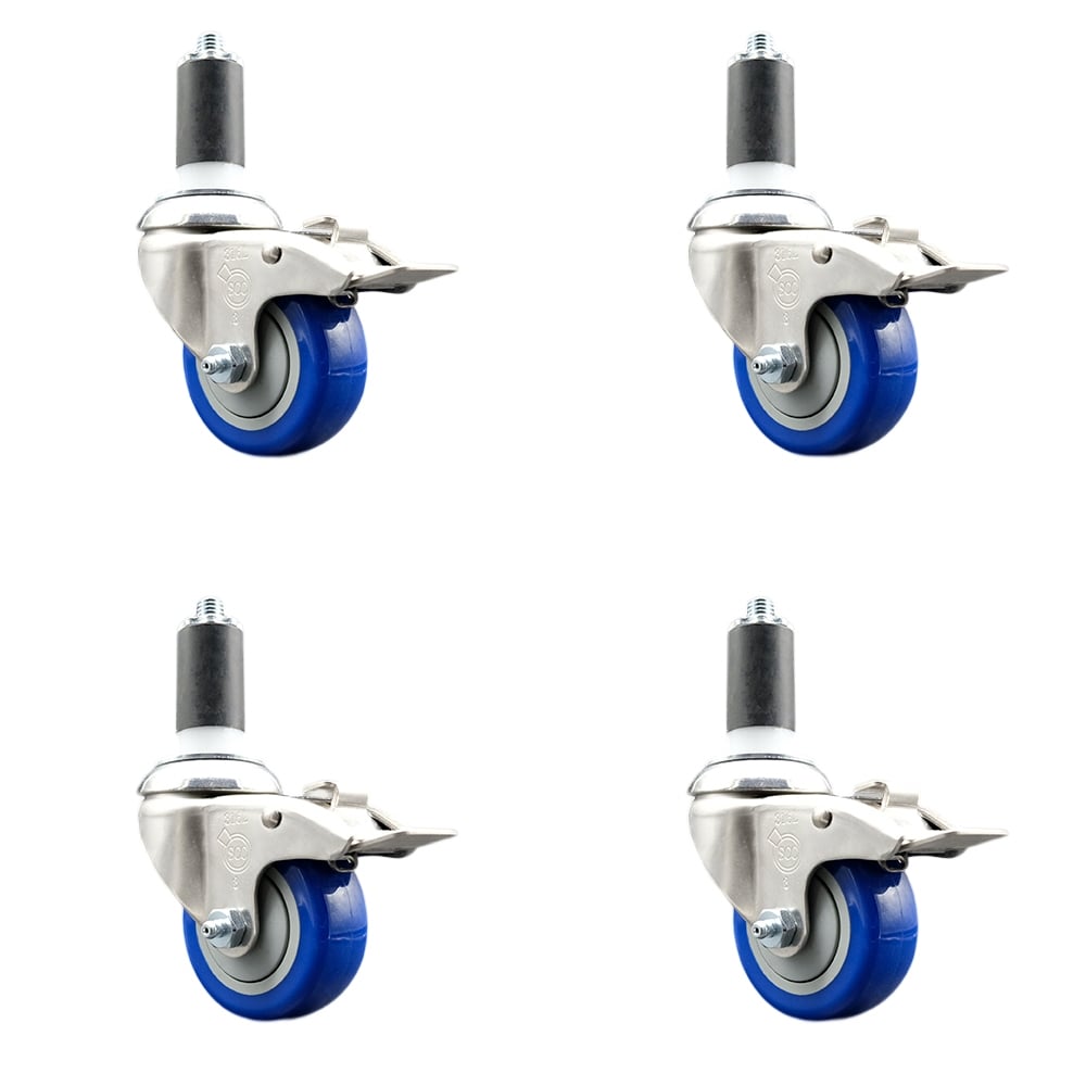 Polyurethane Swivel Stem Caster with 3.5 in. Blue Caster Wheels, 1.38 in. Expanding Stems - 316 Stainless Steel Casters - Set of 4