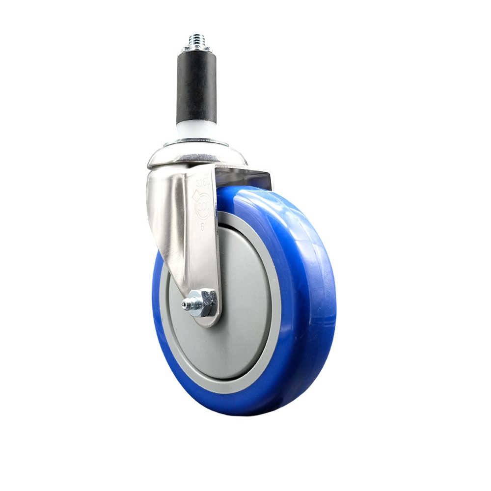 Polyurethane Swivel Stem Caster with 5 in. Blue Caster Wheels, 1.38 in. Expanding Stem - 316 Stainless Steel Caster