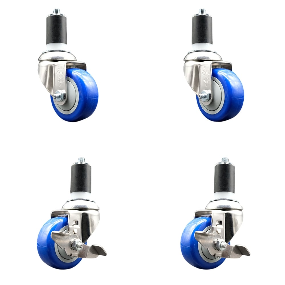 Polyurethane Swivel Stem Caster with 3.5 in. Blue Caster Wheels, 1.5 in. Expanding Stems - 316 Stainless Steel Casters - Set of 4
