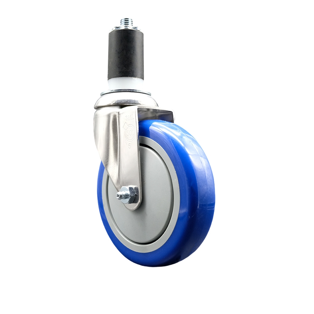 Polyurethane Swivel Stem Caster with 5 in. Blue Caster Wheels, 1.5 in. Expanding Stem - 316 Stainless Steel Caster