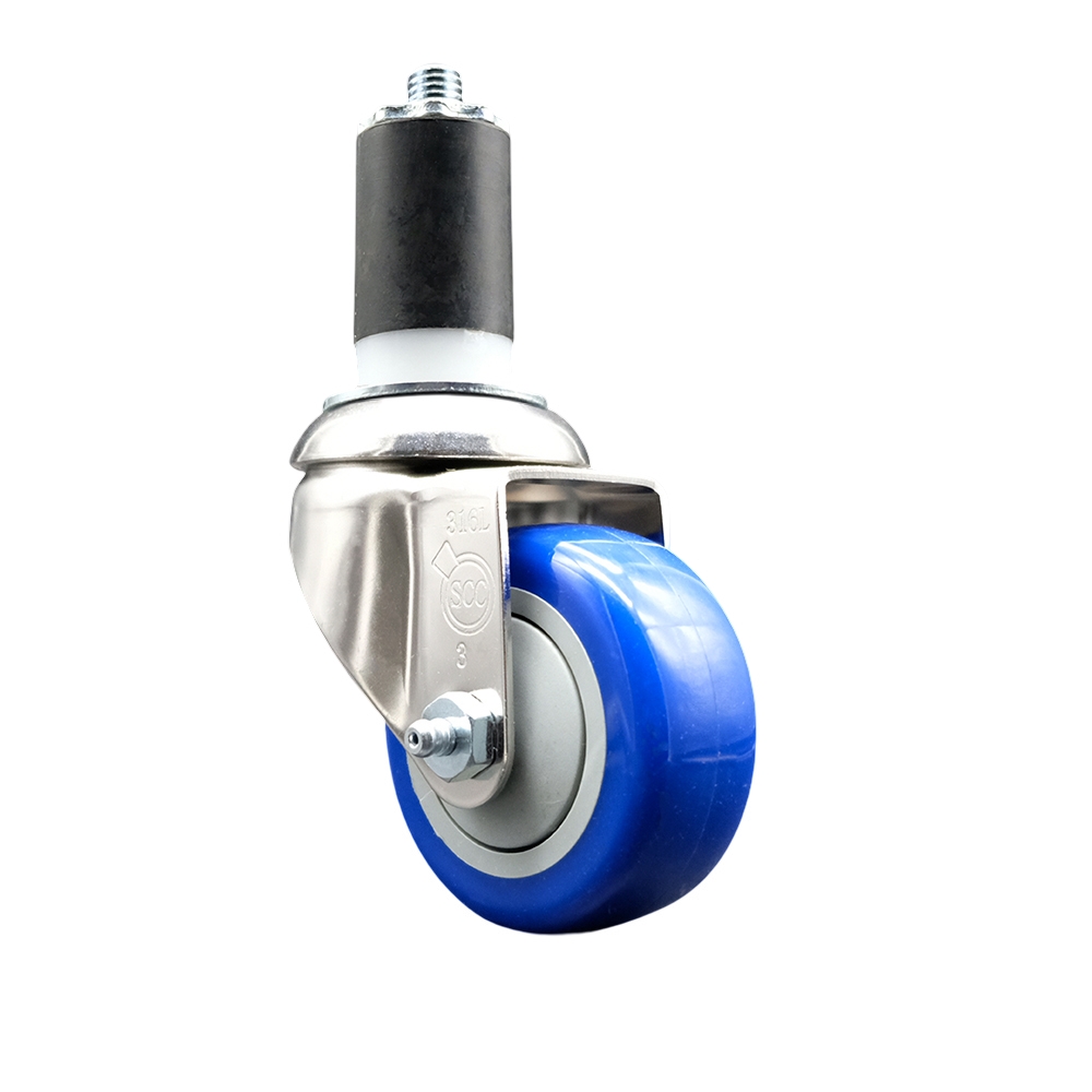 Polyurethane Swivel Stem Caster with 3 in. Blue Caster Wheels, 1.63 in. Expanding Stem - 316 Stainless Steel Caster
