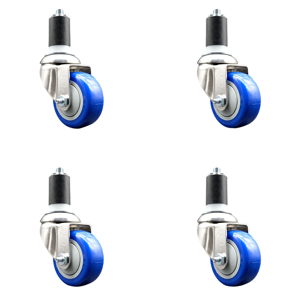 Polyurethane Swivel Stem Caster with 3 in. Blue Caster Wheels, 1.63 in. Expanding Stems - 316 Stainless Steel Casters - Set of 4