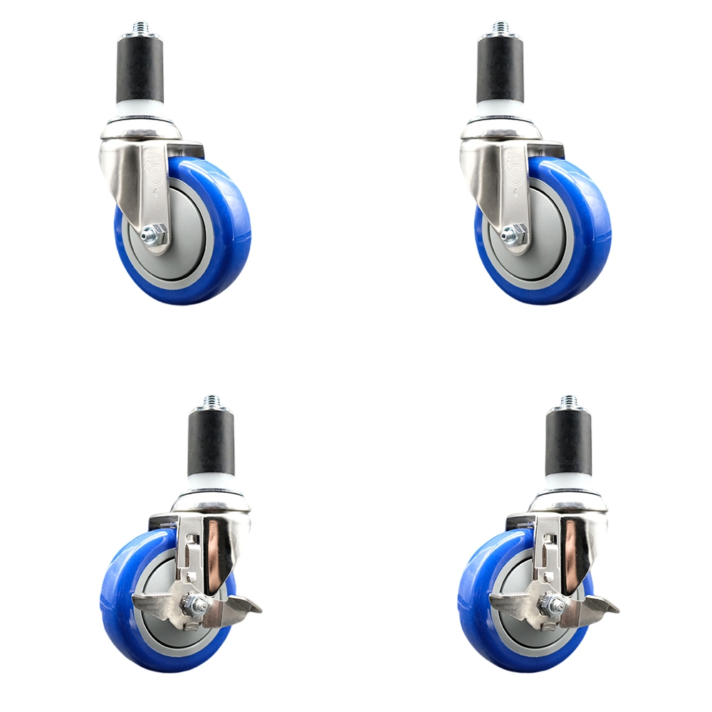 Polyurethane Swivel Stem Caster with 4 in. Blue Caster Wheels, 1.63 in. Expanding Stems - 316 Stainless Steel Casters - Set of 4