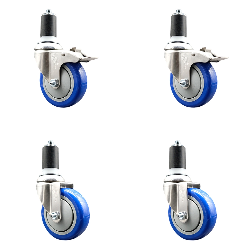 Polyurethane Swivel Stem Caster with 4 in. Blue Caster Wheels, 1.63 in. Expanding Stem - 316 Stainless Steel Casters - Set of 4