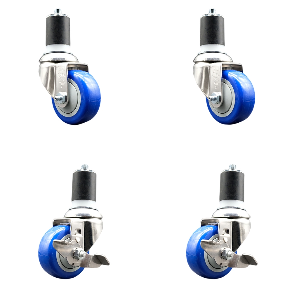 Polyurethane Swivel Stem Caster with 3.5 in. Blue Caster Wheels, 1.75 in. Expanding Stems - 316 Stainless Steel Casters - Set of 4