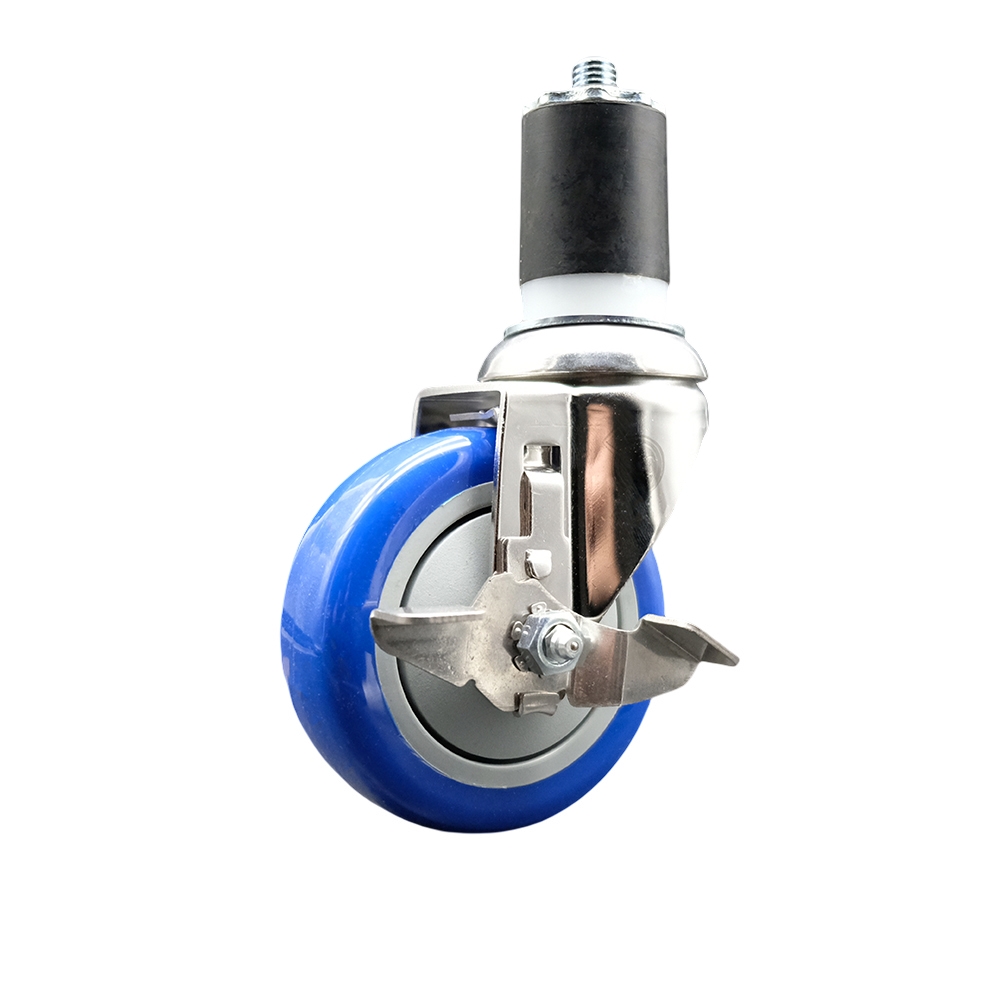 Polyurethane Swivel Stem Caster with 4 in. Blue Caster Wheels & Top Lock Brake, 1.75 in. Expanding Stem - 316 Stainless Steel Caster
