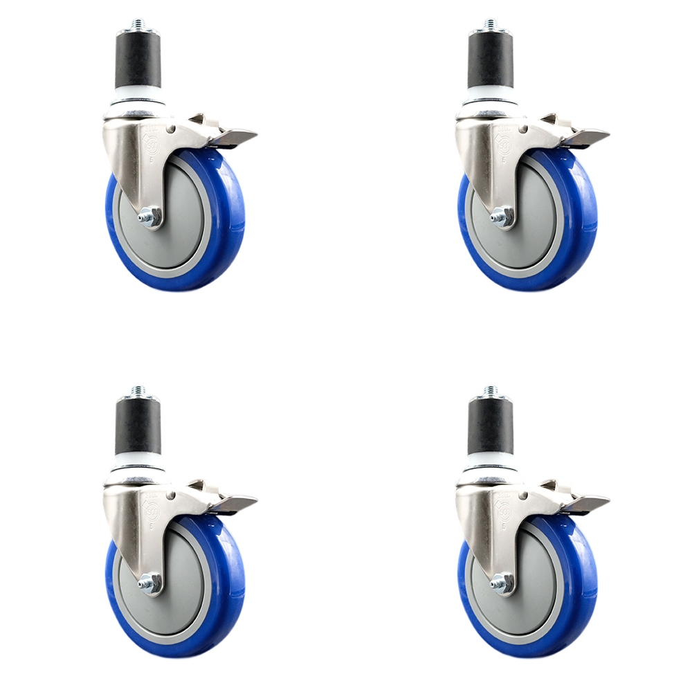 Polyurethane Swivel Stem Caster with 5 in. Blue Caster Wheels, 1.75 in. Expanding Stems - 316 Stainless Steel Casters - Set of 4
