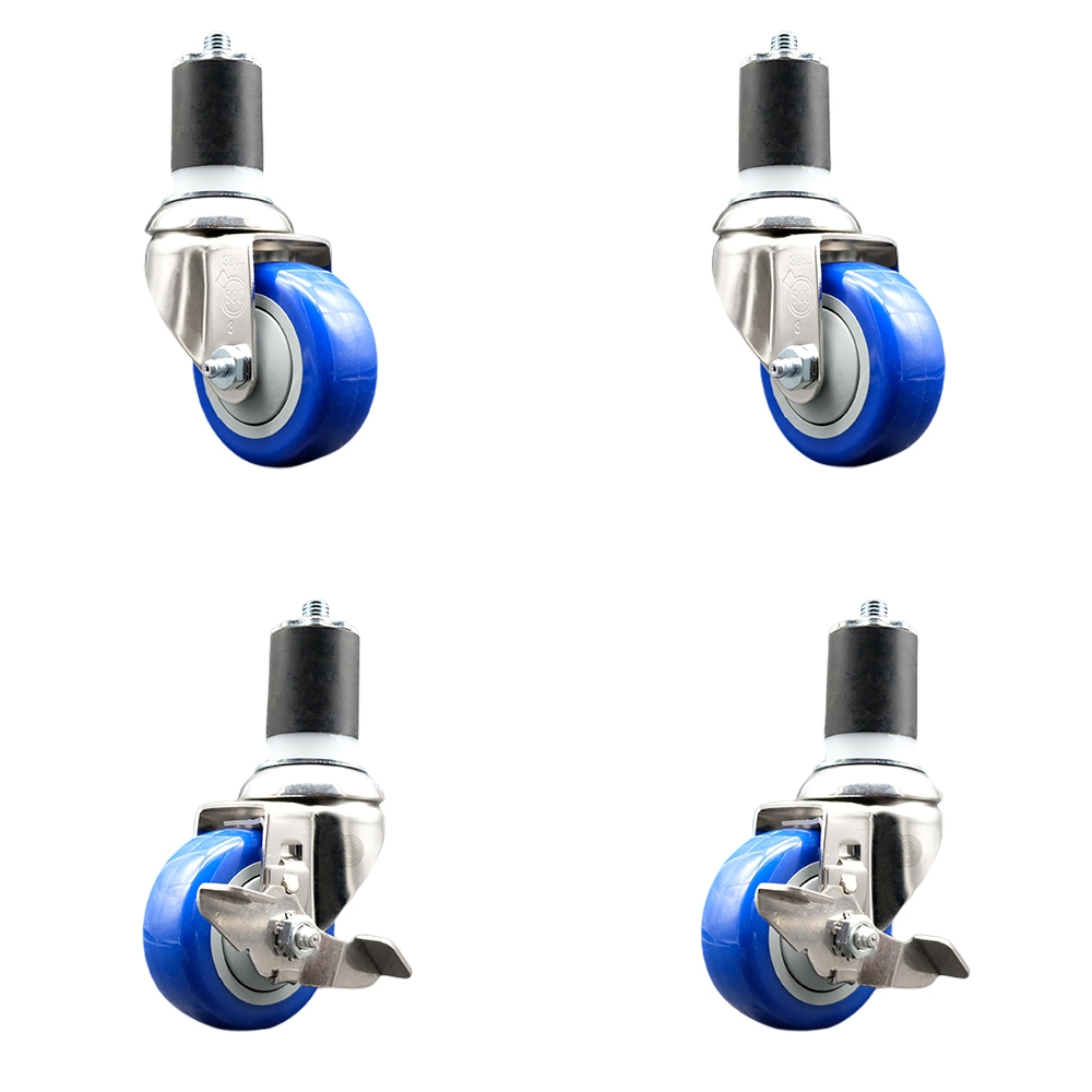 Polyurethane Swivel Stem Caster with 3.5 in. Blue Caster Wheels, 1.87 in. Expanding Stems - 316 Stainless Steel Casters - Set of 4