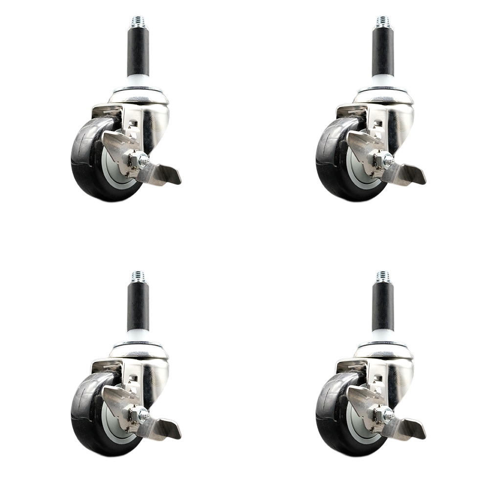 Polyurethane Swivel Stem Caster with 3.5 in. Black Caster Wheels, 0.87 in. Expanding Stems - 316 Stainless Steel Casters - Set of 4