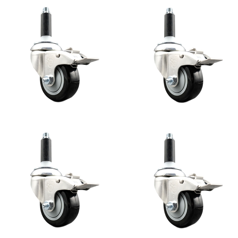 Polyurethane Swivel Stem Caster with 3.5 in. Black Caster Wheels, 0.87 in. Expanding Stems - 316 Stainless Steel Casters - Set of 4