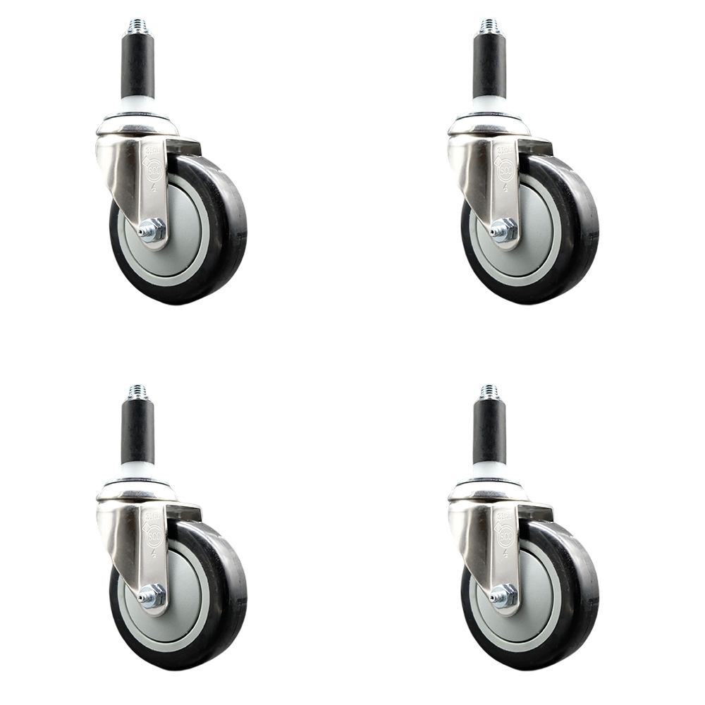 Polyurethane Swivel Stem Caster with 4 in. Black Caster Wheels, 1 in. Expanding Stems - 316 Stainless Steel Casters - Set of 4