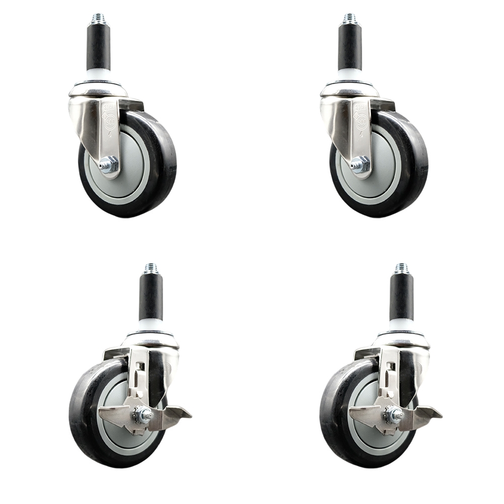 Polyurethane Swivel Stem Caster with 4 in. Black Caster Wheels, 1 in. Expanding Stems - 316 Stainless Steel Casters - Set of 4